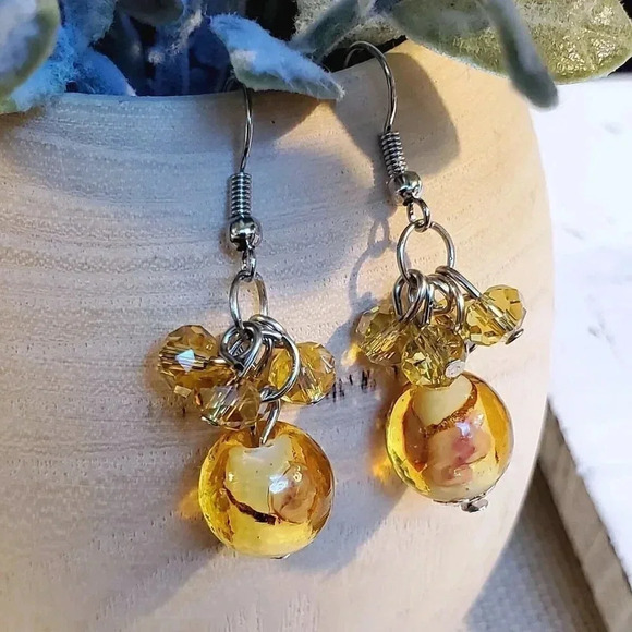 Amber Orange Murano Glass Flower Czech Crystal Bead Cluster Handcrafted Earrings - Picture 3 of 4
